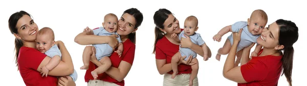 Collage Photos Beautiful Mother Her Cute Baby White Background Banner — Stock Photo, Image