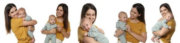 白い背景に美しい母親と彼女のかわいい赤ちゃんの写真とコラージュ バナーデザイン — ストック写真