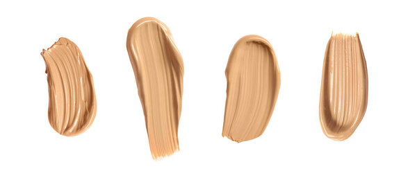 Комплект с различными оттенками жидкой кожи основания на белом фоне, вид сверху. Баннерный дизайн