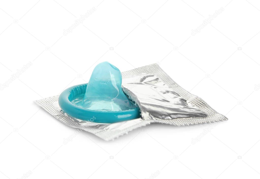 Unpacked turquoise condom isolated on white. Safe sex