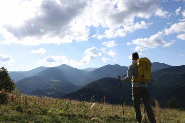 Tourist Backpack Trekking Poles Enjoying Mountain Landscape Back View Space — Stock Photo, Image