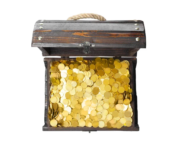 Open Treasure Chest Gold Coins Isolated White Top View — Stock Photo, Image