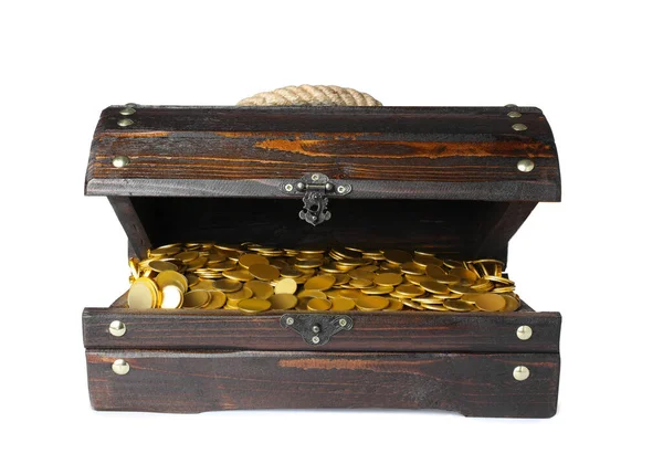 Open Treasure Chest Gold Coins Isolated White — Stock Photo, Image