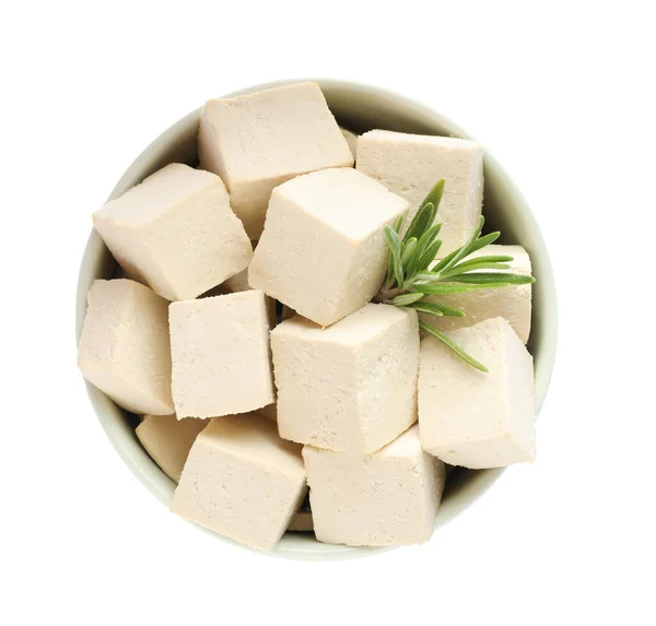 Skål Med Läckra Tofu Och Rosmarin Isolerad Vit Ovanifrån — Stockfoto