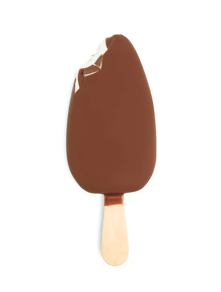 Kousnutá Zmrzlina Glazované Čokoládě Bílém Pozadí Horní Pohled — Stock fotografie