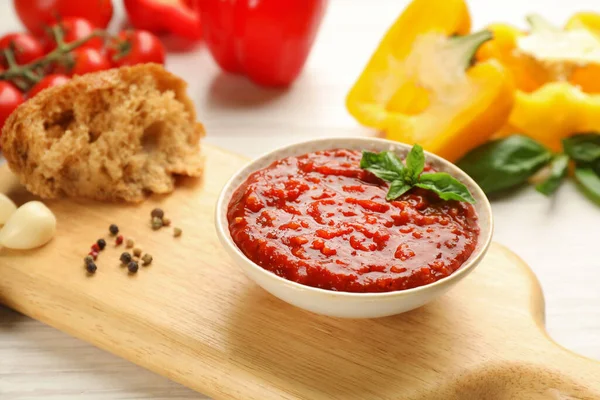 Delicious Adjika Sauce Bowl Bread Ingredients Wooden Table — Stock Photo, Image