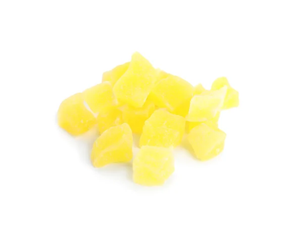 Heerlijke Gele Gekonfijte Stukjes Fruit Witte Achtergrond — Stockfoto