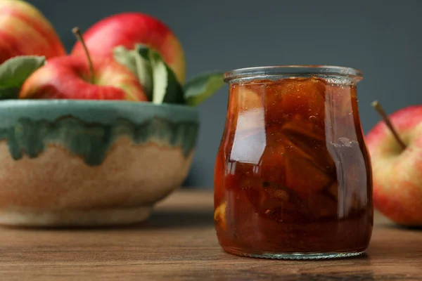 Tasty Apple Jam Glass Jar Fresh Fruits Wooden Table Space — Stock Photo, Image