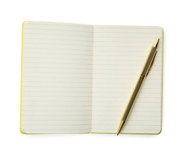 Boş sayfaları ve beyaz üzerine izole edilmiş kalemi olan açık bir defter, üst görünüm