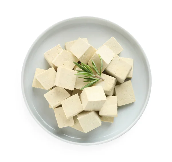 Tallrik Med Läckra Tofu Och Rosmarin Isolerad Vit Ovanifrån — Stockfoto