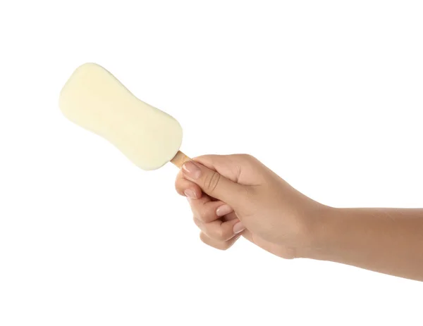 Woman Holding Glazed Ice Cream White Background Closeup — Stock Photo, Image