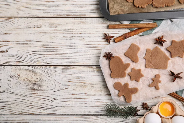 Weihnachtsplätzchen Backen Flache Lagekomposition Mit Rohem Teig Und Zutaten Auf — Stockfoto