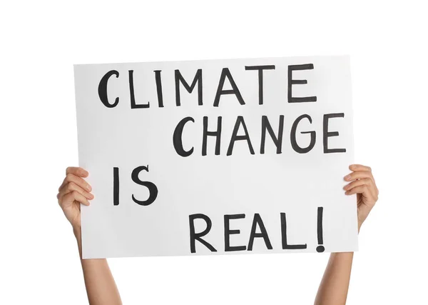 Protestor Houdt Plakkaat Met Tekst Klimaatverandering Echt Witte Achtergrond Close — Stockfoto