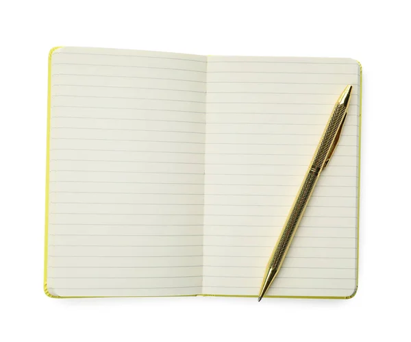 Stylish Open Notebook Blank Sheets Pen Isolated White Top View Stock Image