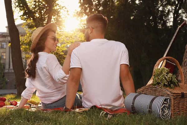 Szép Pár Piknik Plaid Nyári Parkban Visszapillantás — Stock Fotó