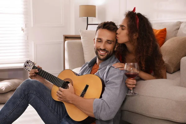 Lovely Couple Guitar Spending Time Together Home — Stock Photo, Image