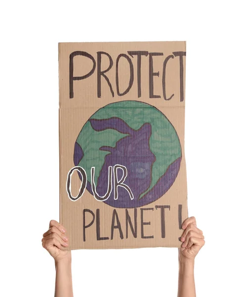 Protestor Holding Placard Szöveges Protect Our Planet Fehér Háttér Közelkép — Stock Fotó