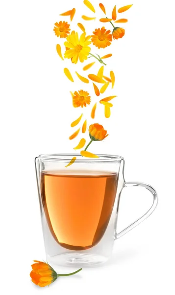 Schöne Ringelblumen Und Blütenblätter Fallen Tasse Frisch Gebrühten Tee Auf — Stockfoto