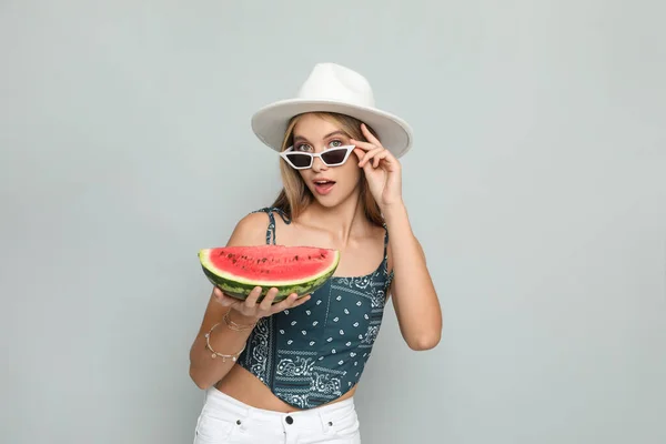 Beautiful Girl Watermelon Grey Background — Stock Photo, Image