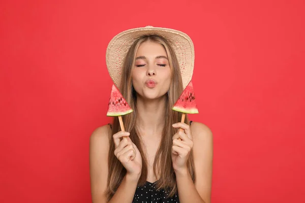 Beautiful Girl Pieces Watermelon Red Background — Stock Photo, Image