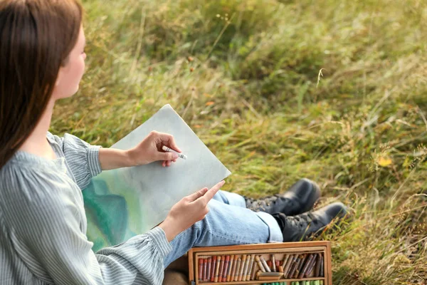 Young Woman Drawing Landscape Soft Pastels Nature Space Text — Stock Photo, Image