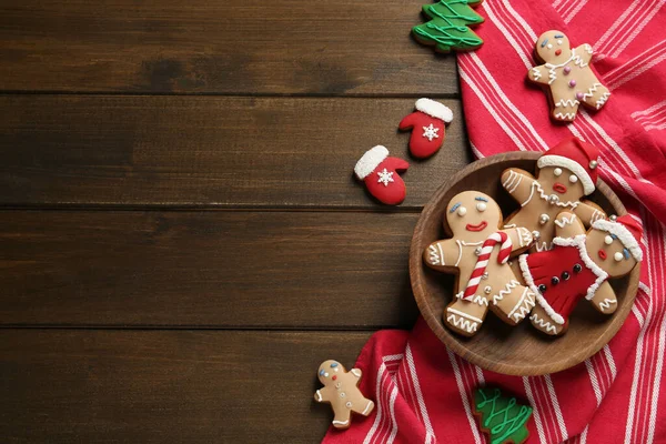 Vynikající Vánoční Cukroví Dřevěném Stole Plochý Ležel Mezera Pro Text — Stock fotografie