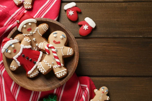 Deliciosas Galletas Navidad Mesa Madera Puesta Plana Espacio Para Texto —  Fotos de Stock