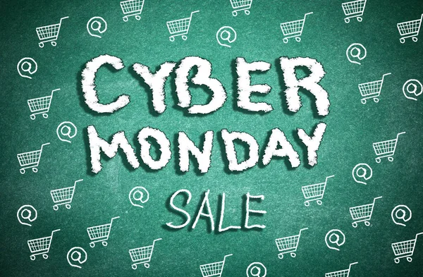 Text Cyber Monday Sale and pictures of small shopping carts on green chalkboard