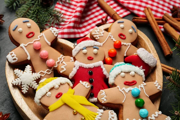 Delicious Christmas Cookies Fir Branches Black Table Closeup — Stock Photo, Image