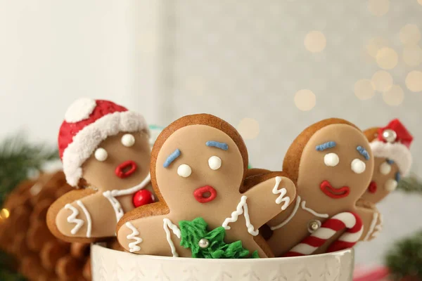 Delicious Homemade Christmas Cookies Bowl Blurred Festive Lights Closeup — Stock Photo, Image