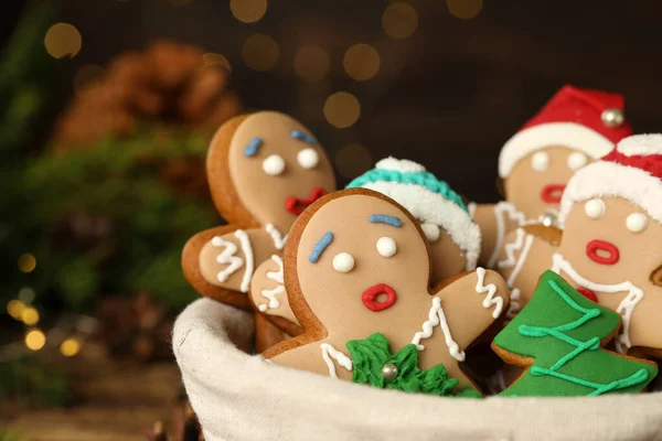 Delicious Homemade Christmas Cookies Bowl Blurred Festive Lights Closeup — Stock Photo, Image