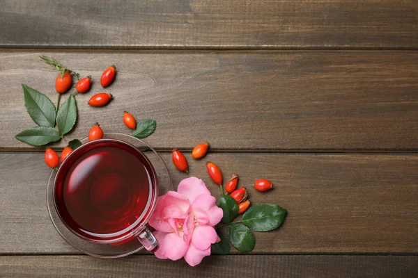 Flat Lay Composition Aromatic Rose Hip Tea Wooden Table Space — Stock Photo, Image