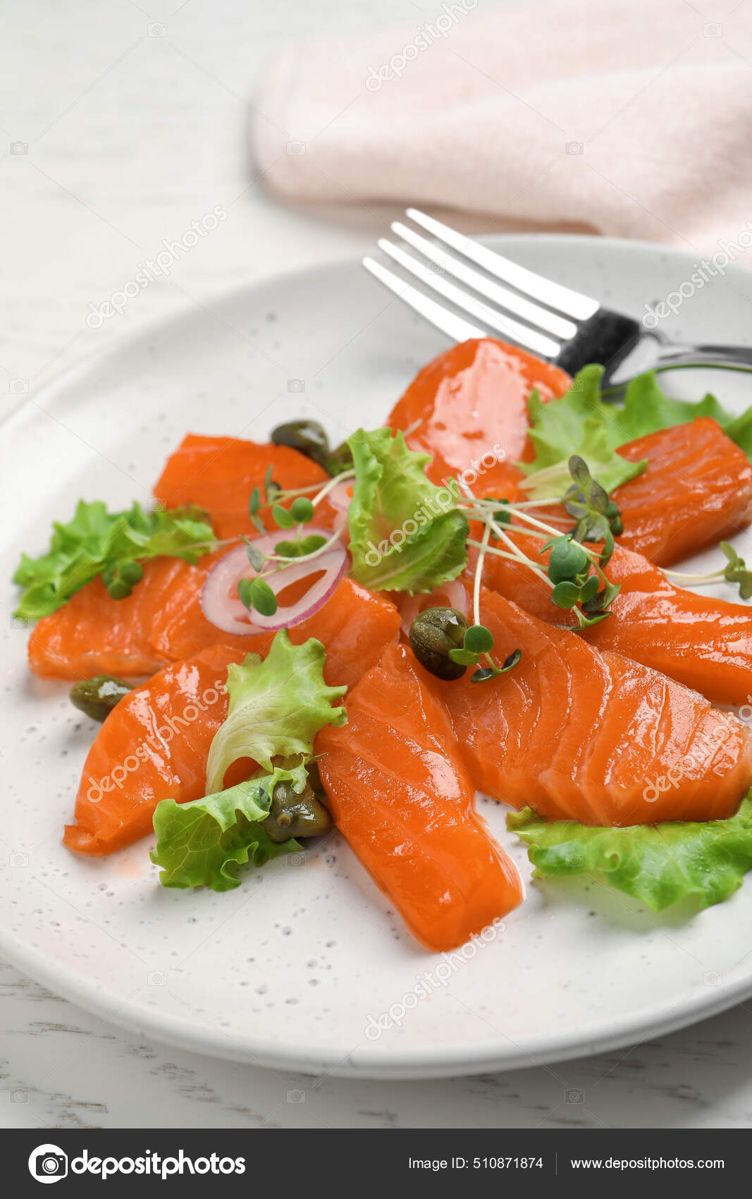 Salmon Carpaccio Capers Lettuce Microgreens Onion White Wooden Table