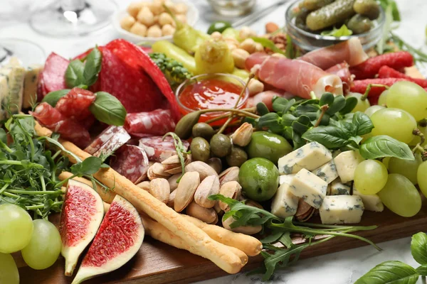 Set Diversi Deliziosi Antipasti Tavola Legno Primo Piano — Foto Stock