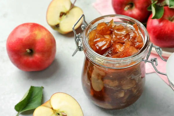 Tasty Apple Jam Glass Jar Fresh Fruits Light Table — Stock Photo, Image
