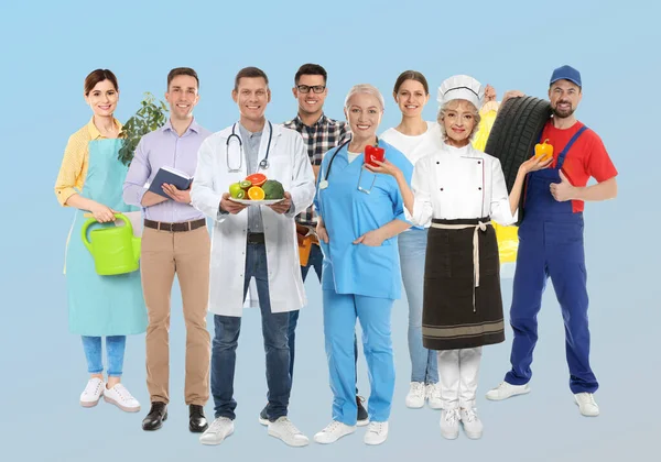 Scegliere Professione Persone Diverse Professioni Sfondo Azzurro — Foto Stock