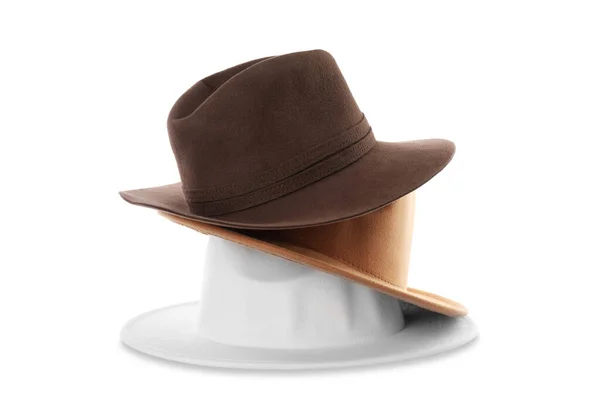 Стильные Шляпы Изолированы Белом Модный Головной Убор — стоковое фото