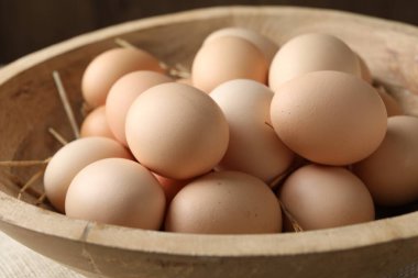 Many raw chicken eggs in bowl, closeup