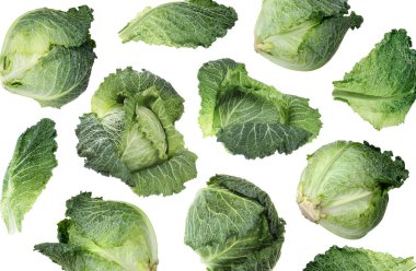 Beyaz arka planda havada uçan taze Savoy lahanası.