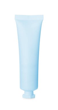 Tube of cosmetic product in light blue color isolated on white