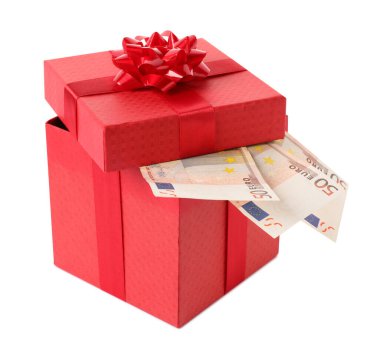 Hediye kutusu beyaz izole euro banknot ile