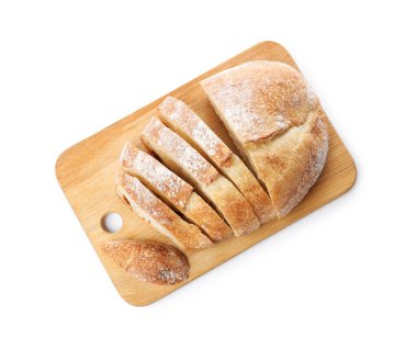 Bir somun taze ekmek, beyaza izole edilmiş, üst manzara.