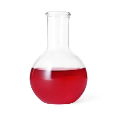 Beyaz üzerine kırmızı sıvı izole edilmiş şişe.
