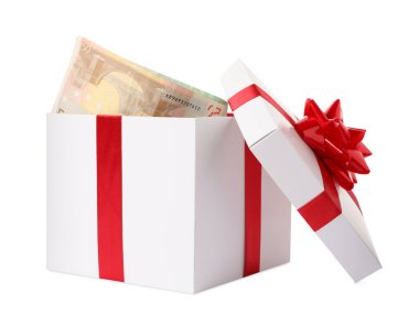 Hediye kutusu beyaz izole euro banknot ile