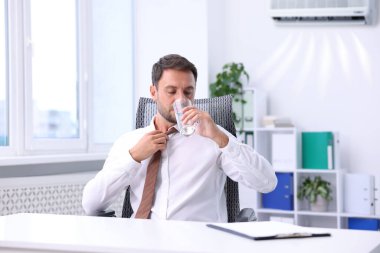 İşçi su içiyor çünkü ofiste kendimi sıcak hissediyorum. Bozuk ya da yanlış ayarlanmış klima.