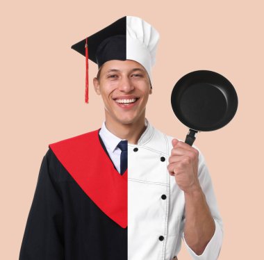 Meslek seçimi. Mezun olmuş bir adamın portresi ve bej arka planda aşçı olmak.