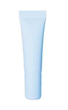 Tube of cosmetic product in light blue color isolated on white