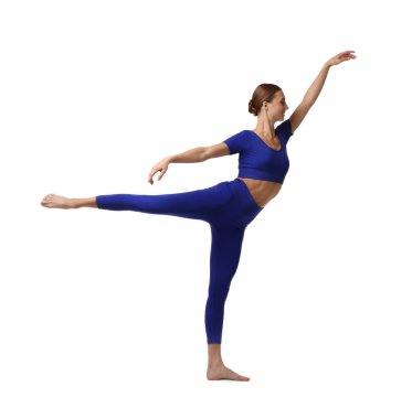 Beyaz arka planda jimnastik yapan kadın.