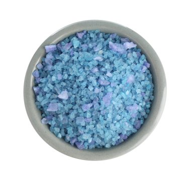 Kasedeki mavi deniz tuzu beyaza izole edilmiş, üst manzara.