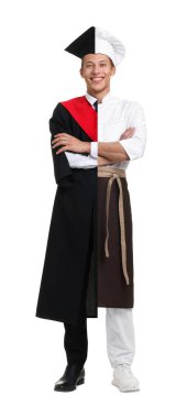 Meslek seçimi. İnsan portresi ikiye bölündü: bir tarafta lisansüstü öğrencisi, diğer tarafta şef. Beyaz arkaplan